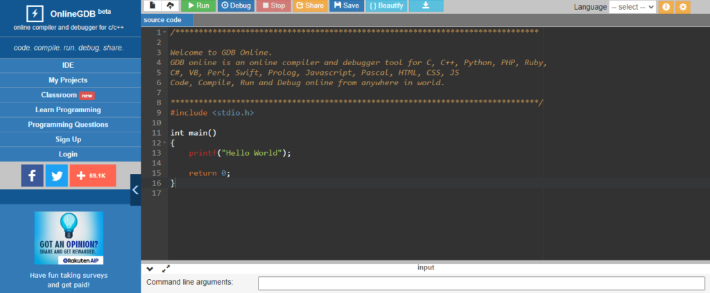 Online GDB is online ide with compiler and debugger for C/C++